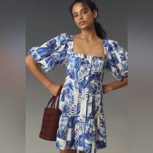 Farm Rio Anthropologie Garden Tiles Linen Mini Dress XS (includes buttons)